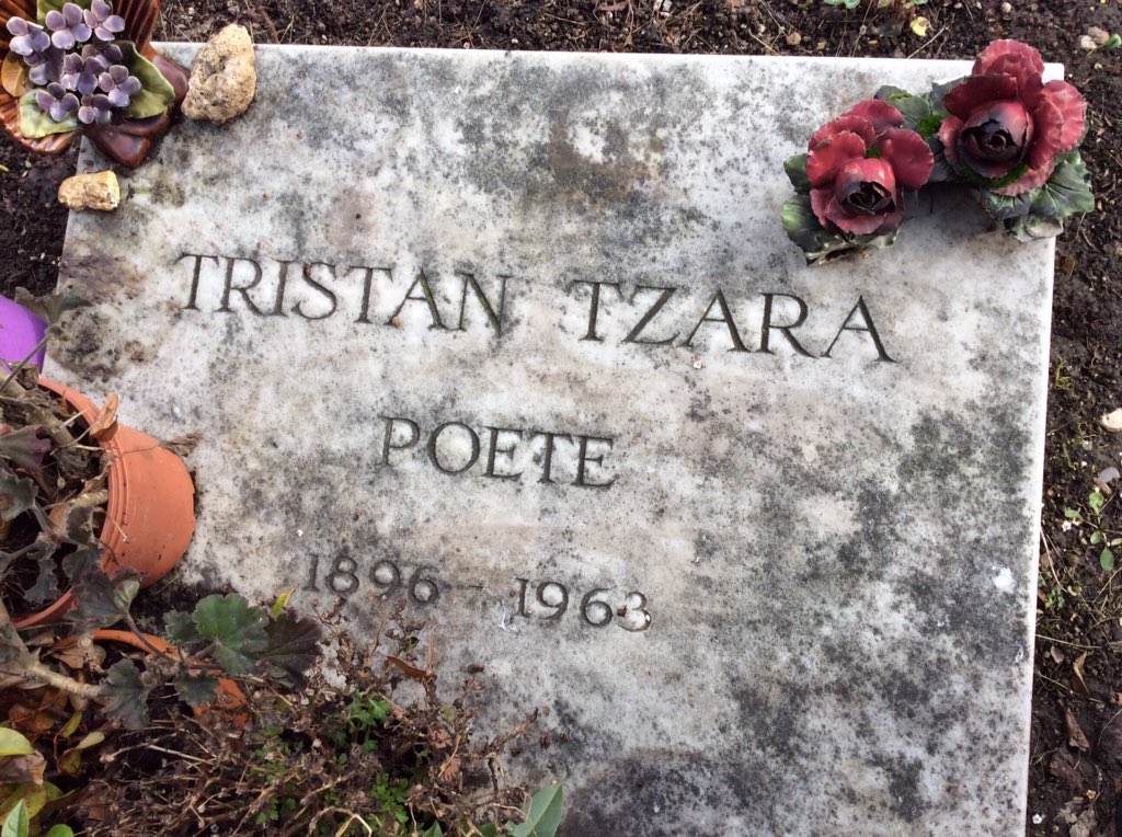 #BOTD  #TristanTzara Romania 1896
To know how to recognise and pick up the signs of the power we are awaiting, which are everywhere; in the fundamental language of cryptograms, engraved on crystals, on shells, in clouds... on wings.
image: my visit to Tzara Feb 2018 Paris
#Dada