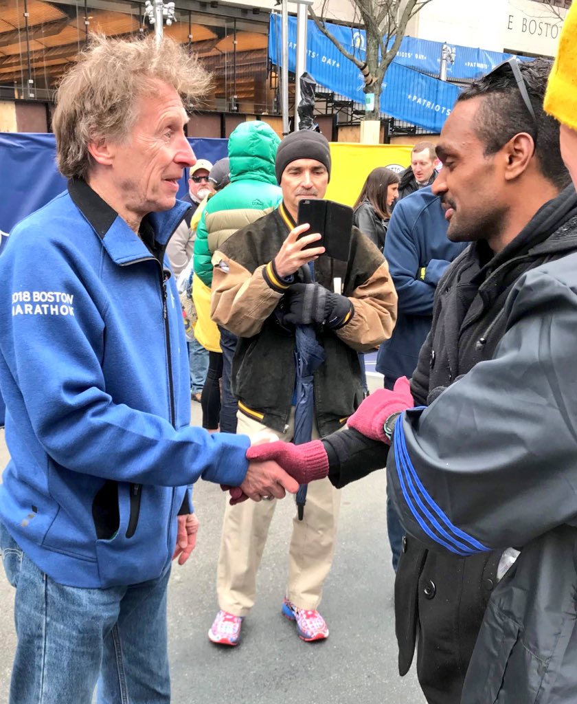deek207's tweet photo. Meanwhile in Boston...@IndigMaraProjct Grad #Zibeon meets my friend Bill Rodgers #BostonBilly x4 @bostonmarathon winner - pre race advice @EpicGoodAU @stuartgiles01 https://t.co/9k8UQtBymo