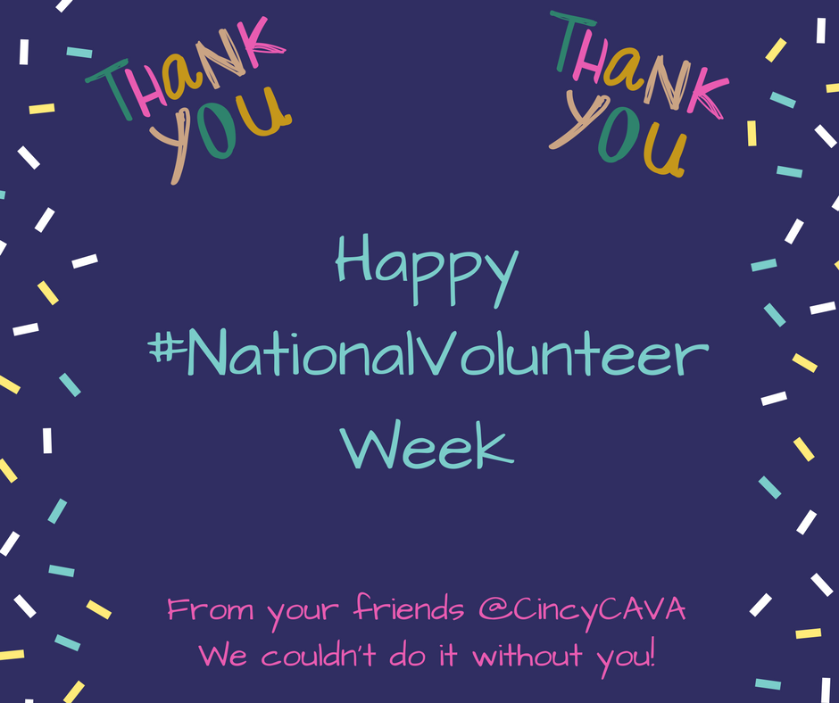 cincycava's tweet photo. Happy #NationalVolunteerWeek2018 from your friends at #CincyCAVA 😀THANK YOU for your service! We could not do it without you!! #volunteers #volunteersrock https://t.co/xO3hSaWuBM