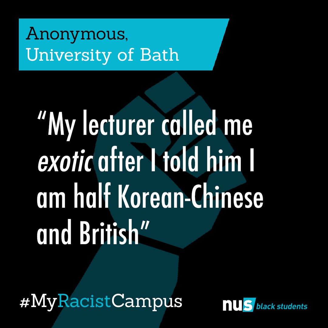 "My lecturer called me 'exotic' after I told him I am half Korean-Chinese and British."

To see the full story go to our facebook page:
facebook.com/nusBSC/

Tell us your story:
goo.gl/forms/CCRrmdWF…

#MyRacistCampus
