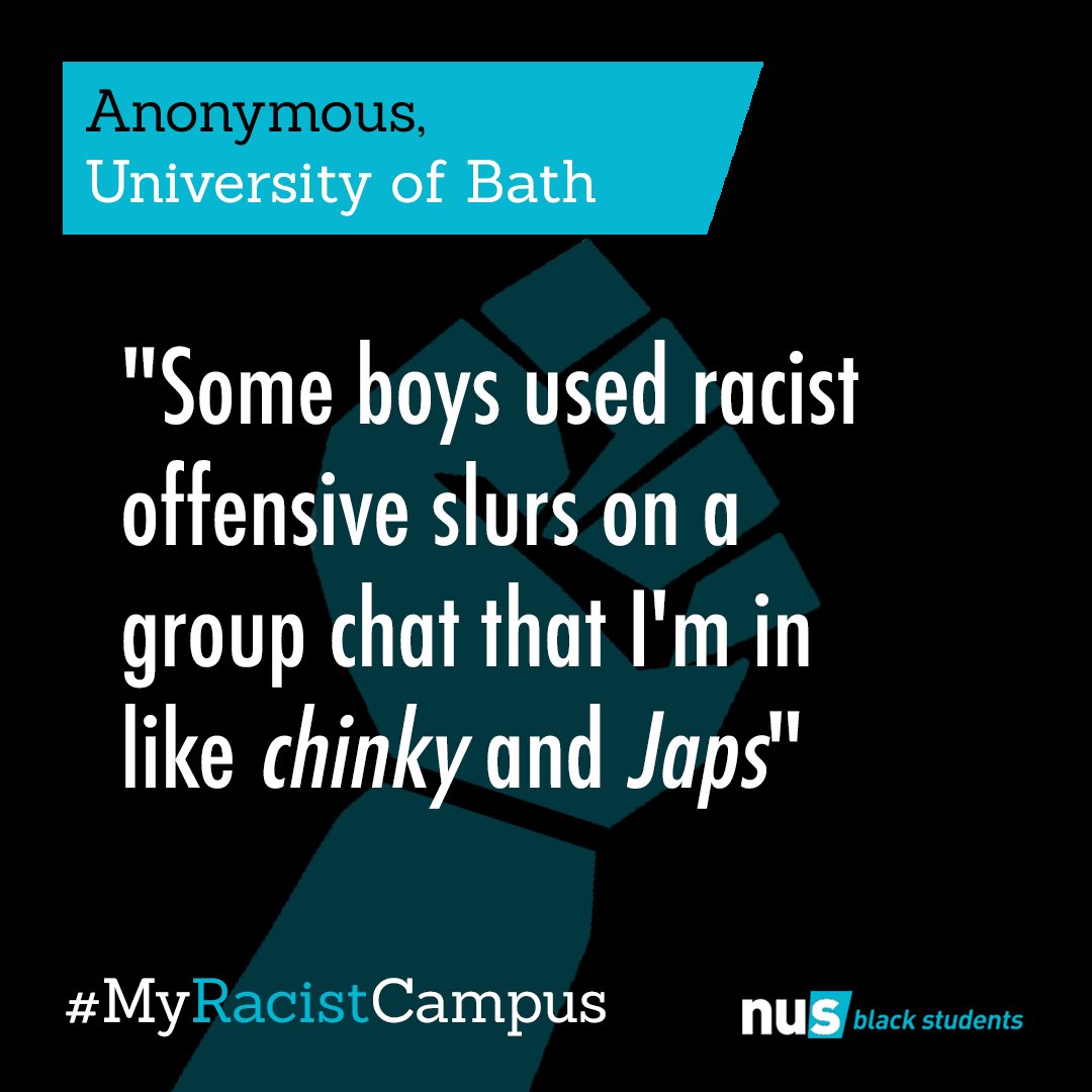 "Some boys used racist offensive slurs on a group chat that I'm in like 'chinky' and 'Japs'"

To see the full story go to our facebook page:
facebook.com/nusBSC/

Tell us your story:
goo.gl/forms/CCRrmdWF…

#MyRacistCampus
