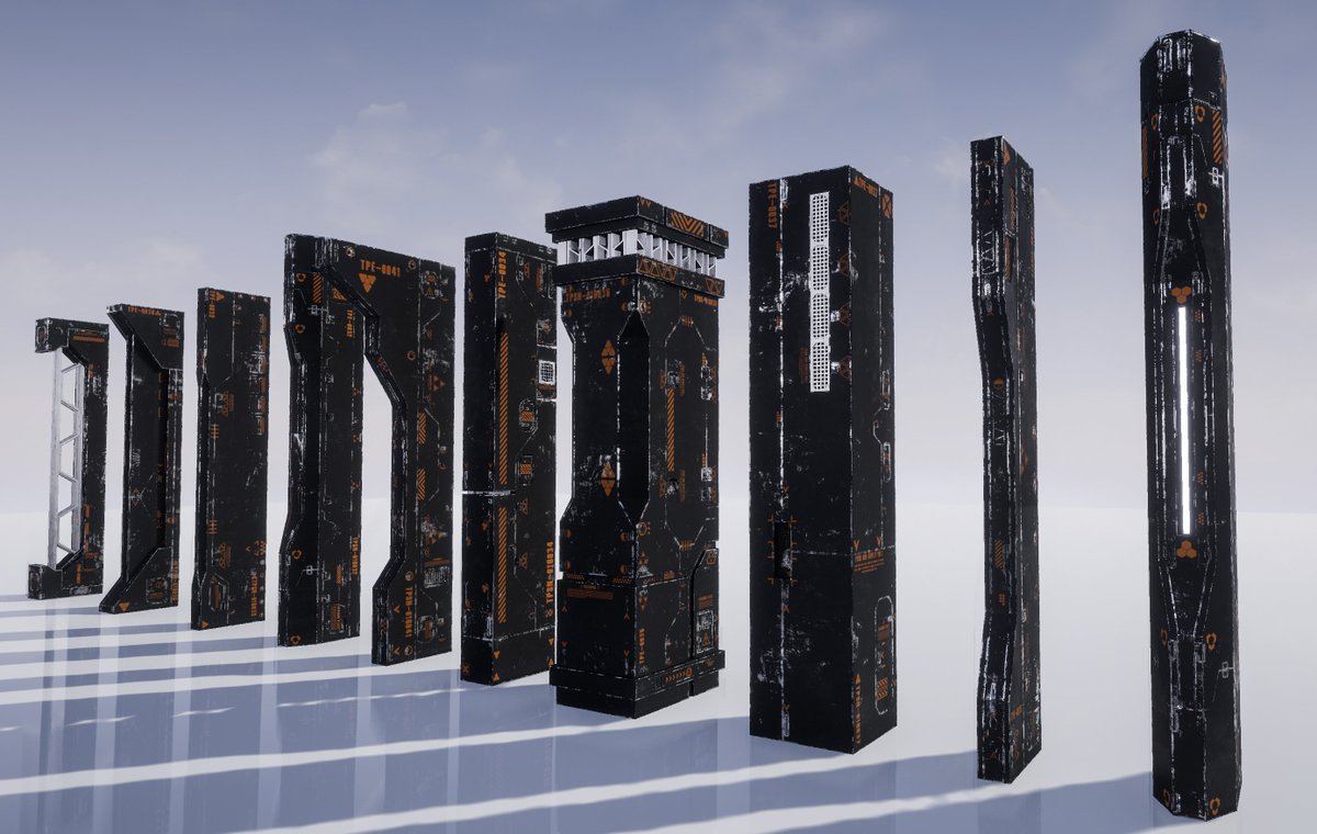 ChillaStudio's tweet photo. First test of Sci-Fi kitbash in Unreal Engine :) Base setup with damaged models... Material instance now allows to control color, roughness and damage lvl.. #b3d #Blender3d #scifi #SubstancePainter #3dmodel #graphics #3drendering #UnrealEngine4 #UnrealEngine #gameart #Assets https://t.co/jVwJkvlHWd