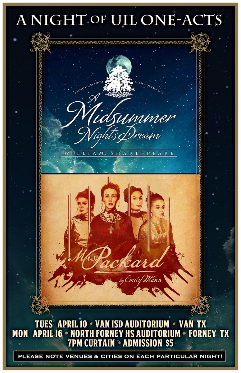Don’t miss our night of one-act performances tomorrow evening. Come support NFHS and Van HS at the NFHS auditorium starting at 7pm. Admission $5. @northforneyinfo #midsummer #mrspackard #oap18
