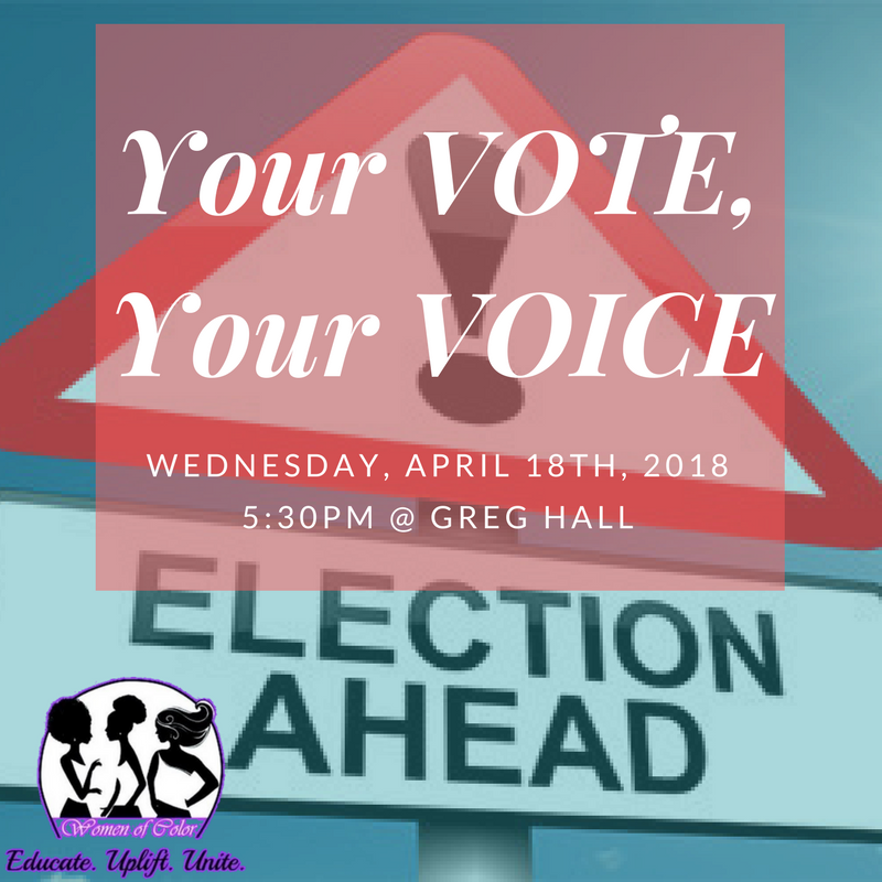 woc1989's tweet photo. It's that time of year! Want to be more involved on campus? Want to see how elections work? Show up this Wednesday as WOC discuss Elections!! #UIUC #UIUC21 #UIUC20 #UIUC19 #UIUC18 https://t.co/uQEtFMovBh