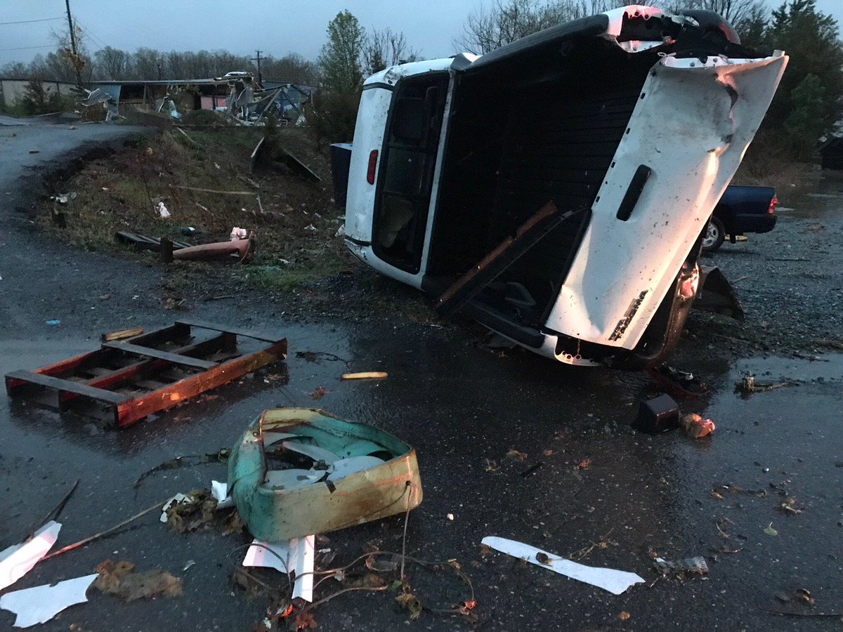 ABC13News's tweet photo. TORNADO DAMAGE: This is a look at some of the damage around Lynchburg -- there are reports of trees down, cars flipped, buildings destroyed. 

Right now, there are more than 19,000 customers without power https://t.co/adm0dlpWiI