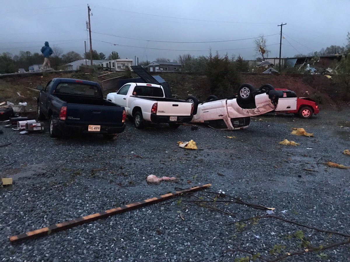 ABC13News's tweet photo. TORNADO DAMAGE: This is a look at some of the damage around Lynchburg -- there are reports of trees down, cars flipped, buildings destroyed. 

Right now, there are more than 19,000 customers without power https://t.co/adm0dlpWiI