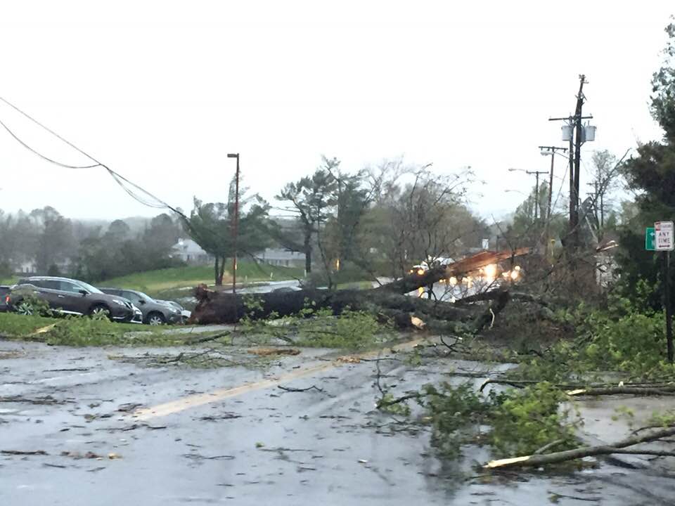 ABC13News's tweet photo. TORNADO DAMAGE: This is a look at some of the damage around Lynchburg -- there are reports of trees down, cars flipped, buildings destroyed. 

Right now, there are more than 19,000 customers without power https://t.co/adm0dlpWiI