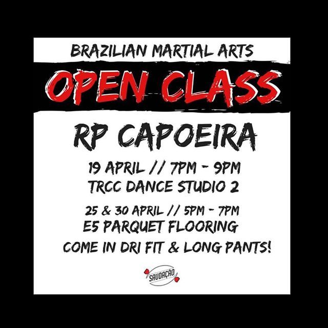 RpSaudacao's tweet photo. Hey guys! We'll be conducting an open class on the 19th, 25th and 30th April! 
All are welcomed! Come and experience what its like during our trainings! No auditions required so grab anyone you know and we'll see you guys there! Axé! 🇧🇷🔥 #rpop18
#rpc… https://t.co/G8qj7LaCmZ https://t.co/B6pKpSOM7w