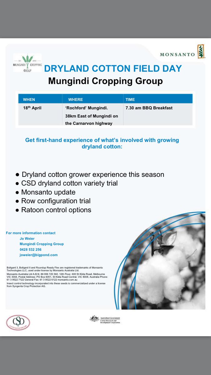 _TomLuff's tweet photo. Mungindi Cropping Group Dryland Cotton Field Day to go ahead 7.30am this Wednesday morning. Come and have a look at the most resilient summer crop option available to us here in the North-West.
@mungindicrop @MonsantoANZ @acres_of_opp @csd_cotton @AliceDevlin7 @CottonEyeAndy https://t.co/1YEBy5173L