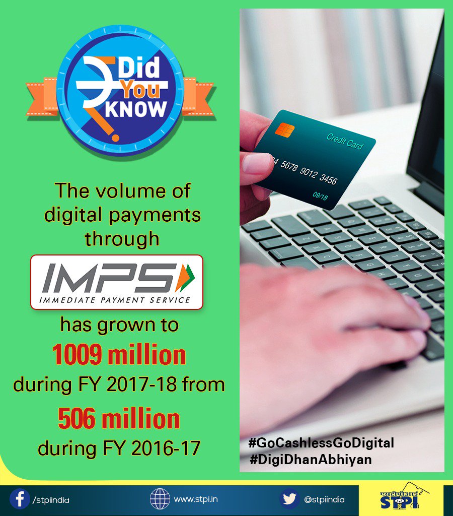 stpiindia's tweet photo. The volume of digital payments through #IMPS has grown to 1009 million during FY 2017-18 from 506 million during FY 2016-17. #DigitalIndia @rsprasad @KJAlphons @SecretaryMEITY https://t.co/L1q9mBakER