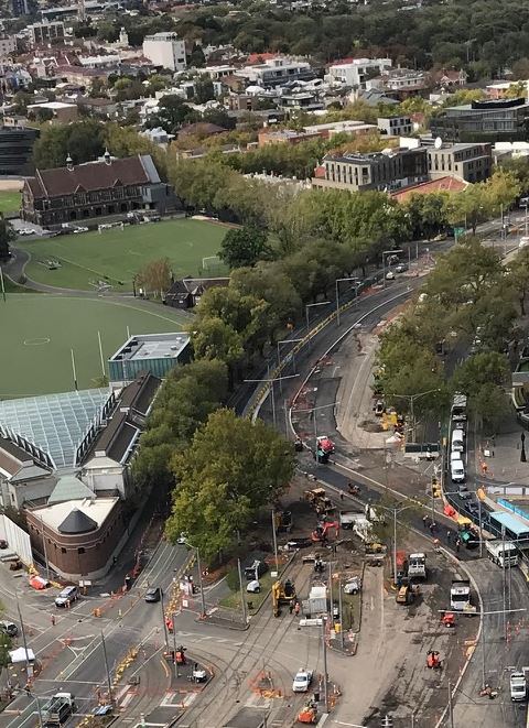 ShrineGateMelb's tweet photo. Hard to imagine that the @DanielAndrewsMP gov could make a bigger mess of our once world class boulevarde #StKildaRd and there are more #trees to go Add the disgusting visual blight that is #SkyRail and we have irreparable damage to our beautiful #Melbourne #springst #NoSkyRail https://t.co/W8Q6LFg3yI