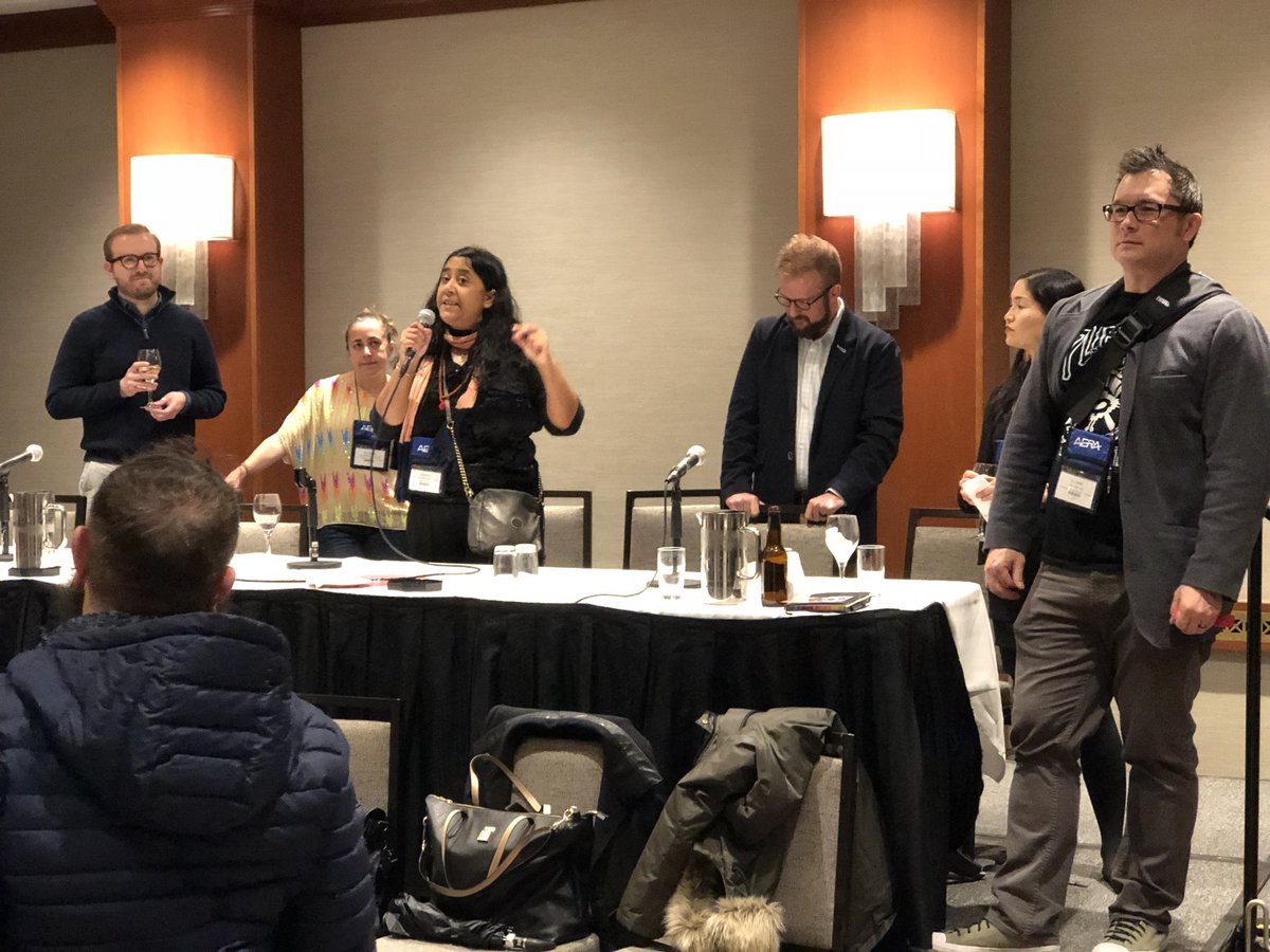 Co-chairs from the #AERA18 Queer Studies, Postcolonial Studies, Critical Educators for Social Justice, and Critical Issues in Curriculum &amp; Cultural Studies SIGs kick off the annual Mega Social. Thanks for sponsoring this, friends!
