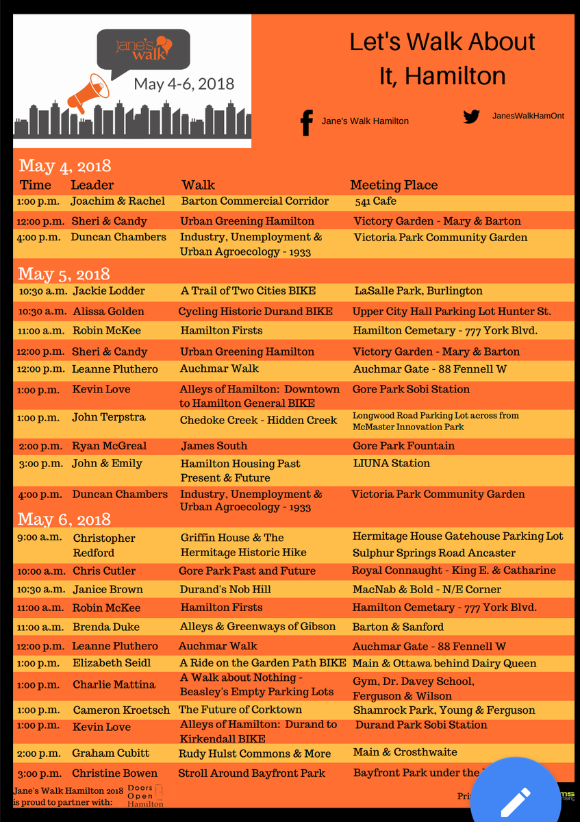 JanesWalkHamOnt's tweet photo. Our #JanesWalk2018 walk list has been updated! Please share and take note of the dates, times, and meeting places for your favourite walks! #HamOnt #LetsWalkAboutIt https://t.co/C8miZCQFGH