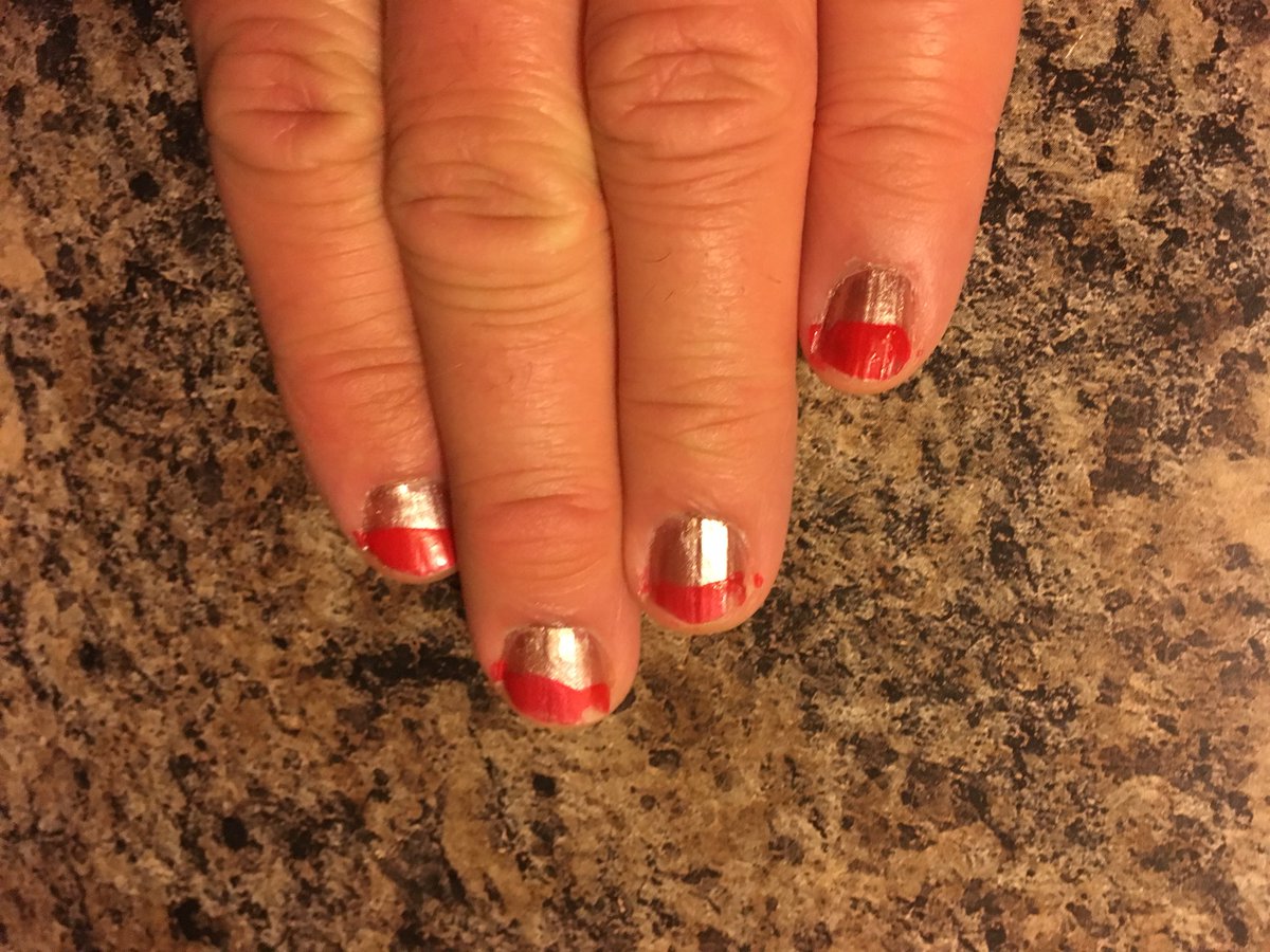 Dan_Holstein's tweet photo. How cool is it that on my daughter’s 13th birthday spa party, she did my nails in gold and red. Just like my favourite jet ever: #HawkOne !!! https://t.co/lJFoKQXEPe