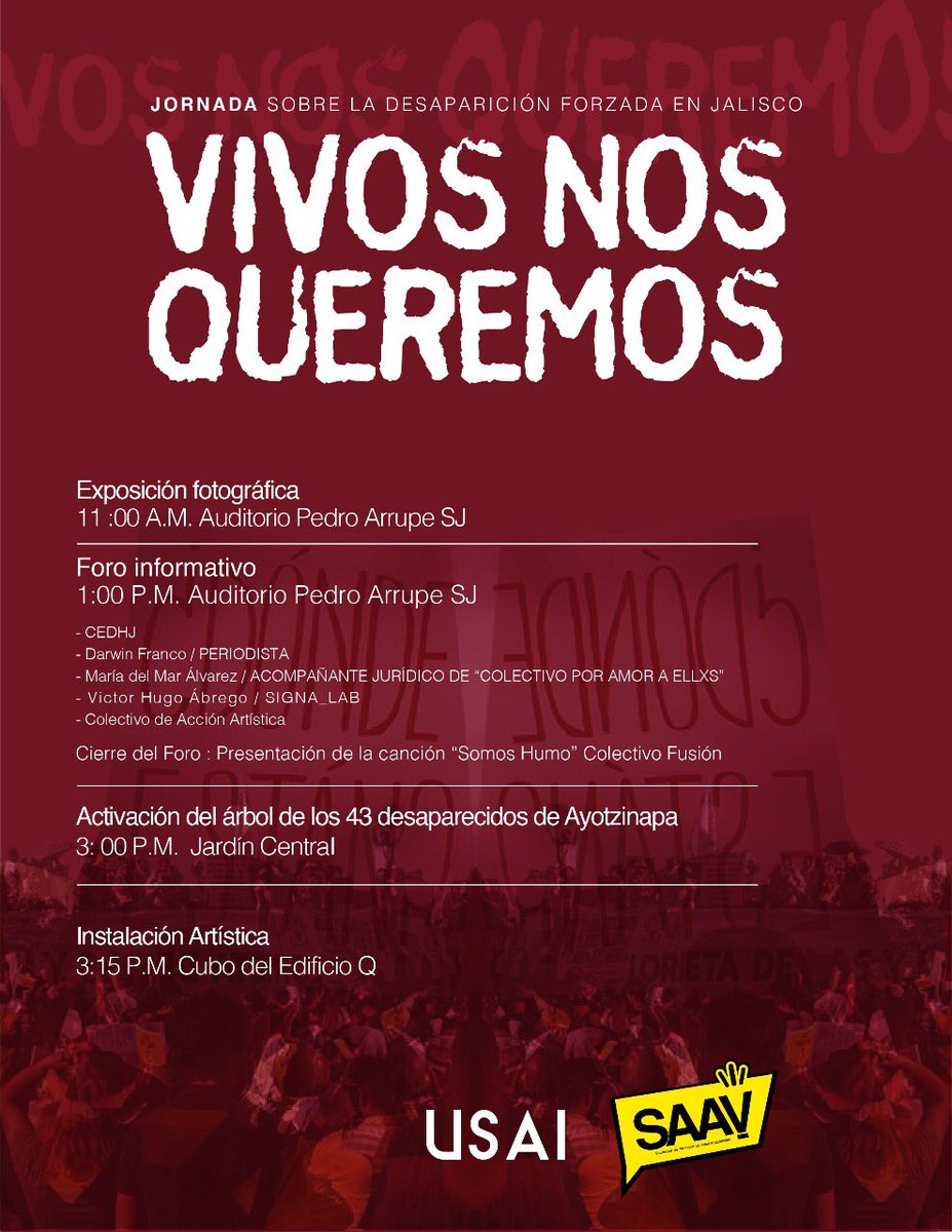 Mañana a la 1:00 pm en el Auditorio Arrupe tendremos un foro sobre las desapariciones en Jalisco, para dar un contexto sobre la situación y qué podemos hacer ante esta situación.

¡Vivos nos queremos!

#NoSonTresSomosTodxs  #HastaEncontrARTE