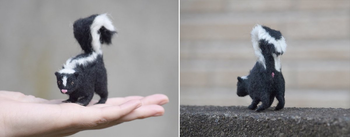 Yoshinobu 新作 スカンク 羊毛フェルトで白と黒のかわいいやつ スカンクを作りました 後ろに回ると強烈なのが来ますのでご注意を T Co Oazhebp3vv Yoshinobu 羊毛フェルト スカンク