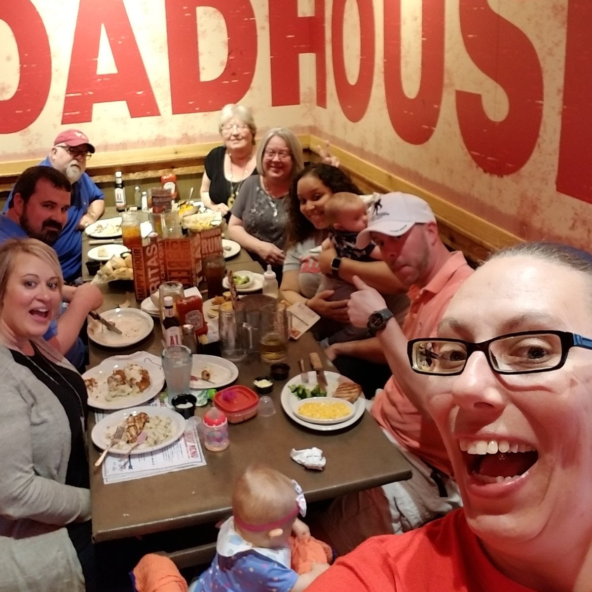 Our March/Aprol Birthday Gang having dinner at Logans Roadhouse. #chad3/6 #me3/7 #danny3/11 #tiana3/31 #kristin4/15firstborntwin, #cory4/15secondborntwin #lisa4/24 #kinsley9months #easton5months and our awesome waitress.