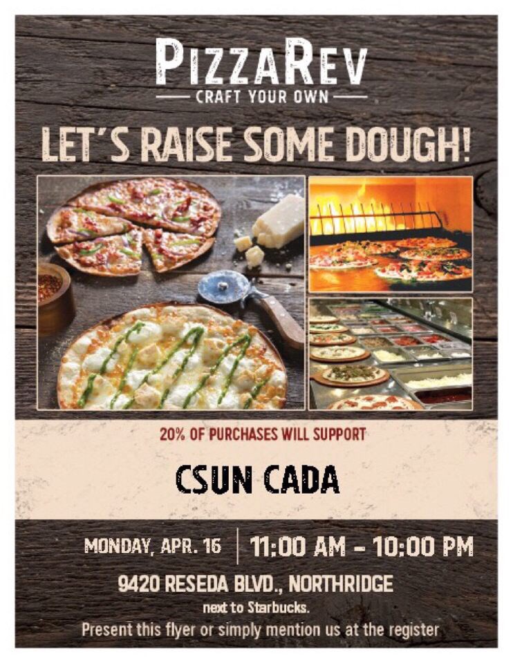 CSUN_CADA's tweet image. Take a trip to Pizza Rev tomorrow (April 16) with your friends and family to support CADA. Simply mention you’re with CSUN CADA at the register anytime between 11 a.m. to 10 p.m. Enjoy!! 😋🍕 #csun #cada #fundraiser