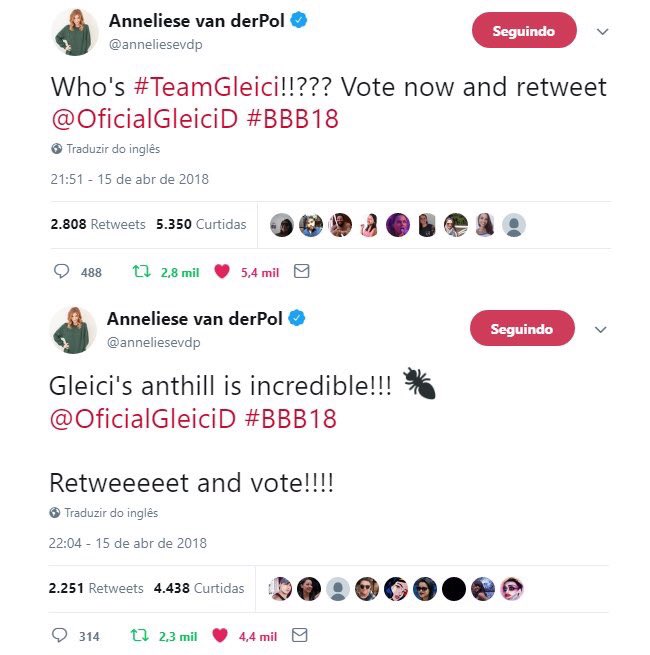 CondeDeBanania's tweet photo. Minha Fada Protagonista é internacional! Até Anneliese van der Pol já decretou: é GLEICI CAMPEÃ! #BBB18 #RedeBBB https://t.co/dnnxbqmkBU