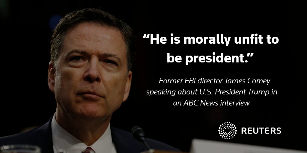 Reuters's tweet image. Former FBI director James Comey says in an ABC News interview that Trump is doing 'tremendous damage' to institutional and cultural norms reut.rs/2GZ8pC6