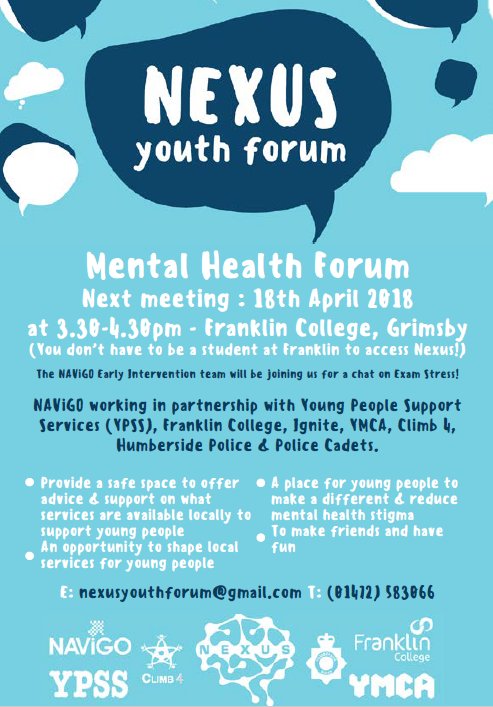 forum_nexus's tweet photo. #MondayMotivation Nexus youth forum take places on Wednesday at 3:30p @FranklinGrimsby we have @NAViGOCARE EIT attending and providing mindfulness techniques and how to cope with the up and coming exam season. Be great to see you there... https://t.co/vQvAXpn0Ks