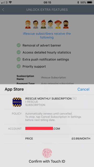 iRescue_app's tweet photo. I set the iOS subscription to 99p instead of 79p by mistake. We have been notified of this by a user and have corrected this which will come into affect tomorrow. All existing subscriptions will be reduced to the lower price. Apologies for this, A genuine mistake on my part. https://t.co/KwYlecW1G8