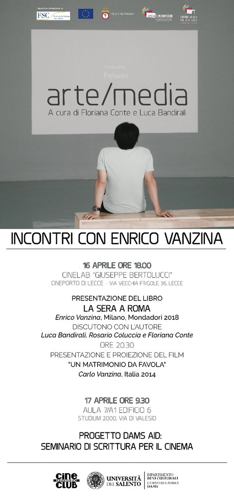 cineunisalento's tweet photo. Questa sera avrà inizio la rassegna #ArteMedia3. Due incontri con lo sceneggiatore, produttore cinematografico e giornalista #EnricoVanzina. 
La rassegna è supportata e finanziata dalla Fondazione @ApuliaFilmComm. 
Ingresso gratuito
#lecce #cineportolecce #cineunisalento https://t.co/u6haWIN7hH