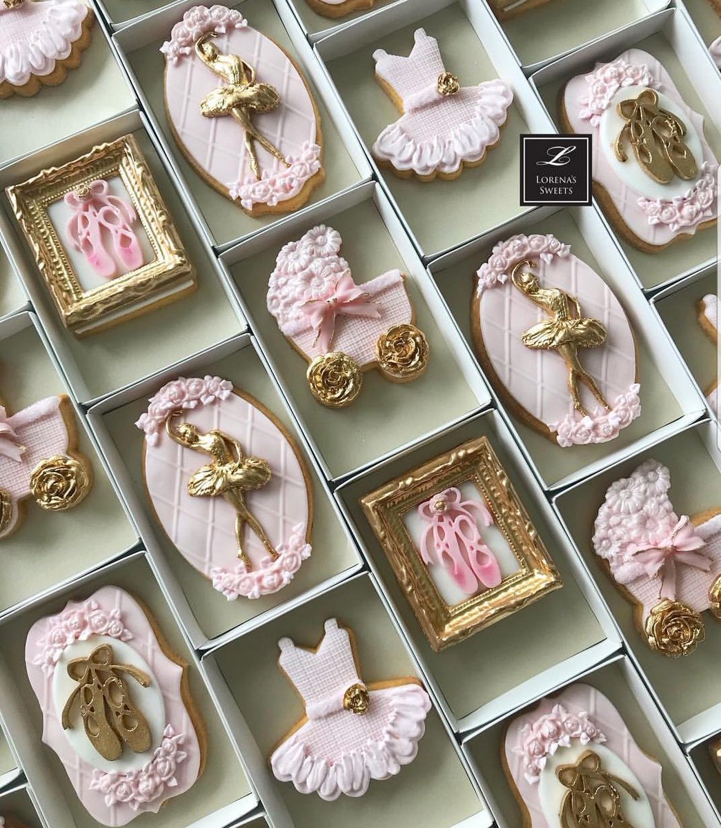 How breathtaking are these ballerina cookies by Lorena Rodriguez!?  She has used soft #pink &amp; white to create a wonderfully #girly finish, picked out with #antique gold detail. Stunning for a #babyshower or #afternoontea celebration.