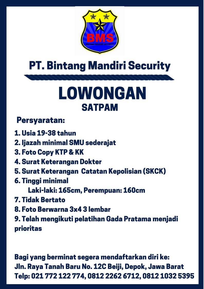 Bintang Mandiri Security On Twitter Lowongan Kerja Pt Bintang Mandiri Security Dibutuhkan Segera Tenaga Satuan Pengamanan Daftarkan Diri Anda Segera Lowongankerja Lowongan Satpam Https T Co R4kbsnzfbw