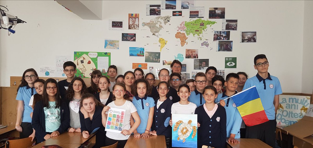 GarethAndrade's tweet photo. Tilly goes International - from Kite Beach in Dubai to Oltea Doamna School, Romania. Principal Florina Musca, @mirelatanc and Vice Principal Liliana Bocoi welcomes #TillyTheTurtle as an Education Tool to @TeachSDGs #GlobalGoals
#SDG14 #LifeBelowWater  @ggwcup #spectacular8 @KHDA https://t.co/ZP5Lfdyn4p