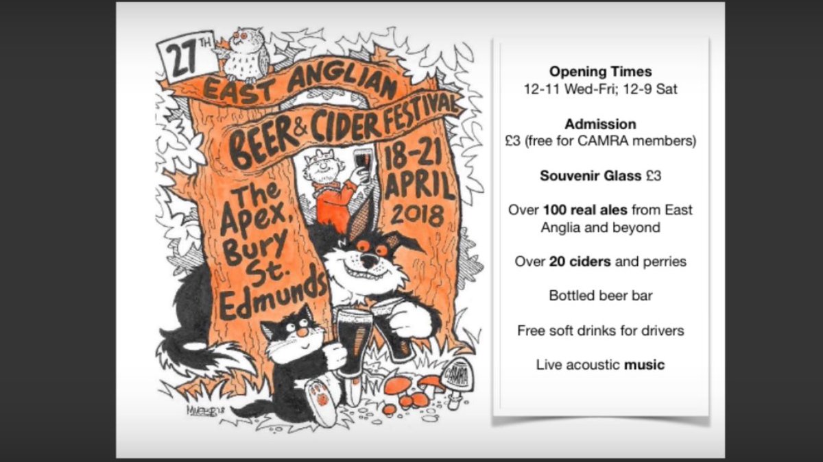 2 DAYS TO GO! NEARLY TIME for the 27th EAST ANGLIAN BEER &amp; CIDER FESTIVAL <a href="/TheApexVenue/">The Apex</a> BURY ST EDMUNDS 18-21 APRIL #bsebeer18 <a href="/buryfree/">Bury Free Press</a> @wlbse <a href="/ElyCAMRA/">Ely CAMRA</a> <a href="/NESuffolkCAMRA/">NE Suffolk CAMRA</a> <a href="/InSuffolk/">Yorkshireman in Suffolk</a> <a href="/nh_camra/">CAMRA North Hertfordshire</a> <a href="/allaboutsuffolk/">All About Suffolk #WearAMask 😷</a> <a href="/RAFMildenhall/">RAF Mildenhall</a> <a href="/NorwichCAMRA/">Norwich & District CAMRA 🍺</a> <a href="/HuntsCAMRA/">HuntsCAMRA</a> 
LIST westsuffolk.camra.org.uk
