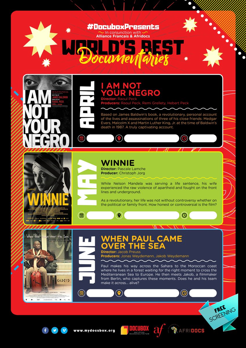 Docuboxeadff's tweet image. Who's coming to the free screening of, "I Am Not Your Negro" tomorrow? Remember to RSVP here eventbrite.com/e/docubox-pres…
And for all of you who can't catch us tomorrow, we already have some awesome films lined up for May and June. See you there.