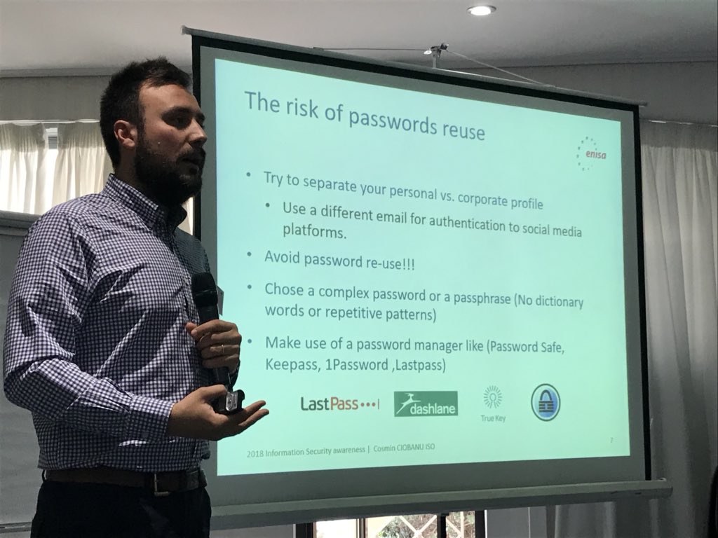 Retweeted ENISA (@enisa_eu):

Tips on keeping your online platforms secure: separate your personal vs.corporate profile, avoid re-use password, chose a complex password, make use of a password manager like password safe... #ENISA #EUCybersecurity #workshop