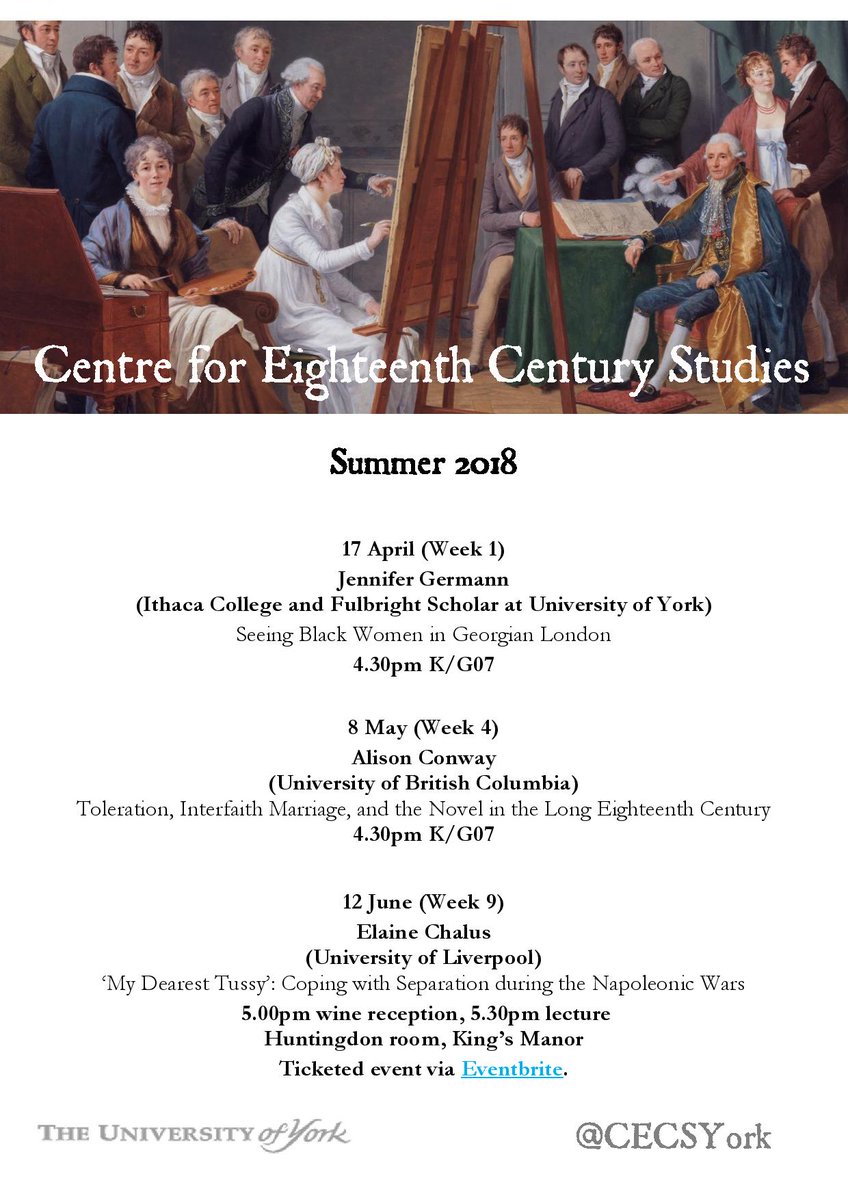 CECSYork's tweet photo. We're delighted to kick off our summer term seminar series tomorrow (Tuesday), when we'll be welcoming Jennifer Germann for a paper entitled "Seeing Black Women in Georgian England." We very much hope you can can join us - 4.30pm in King's Manor, K/G07! https://t.co/oeeitryUem