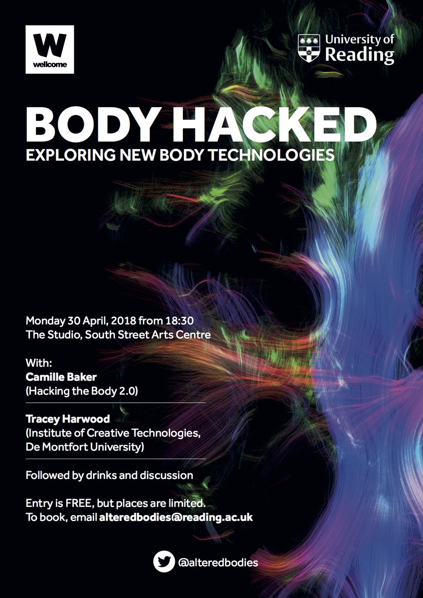 alteredbodies's tweet photo. 2 weeks until our second (free!) event! Body Hacked will consider body modifications and technology in culture, with Camille Baker and Tracy Harwood. Book by dropping us an email to the address on the poster. #rdguk #bodymods #technology #mondaymotivation https://t.co/fww4nYvCv6