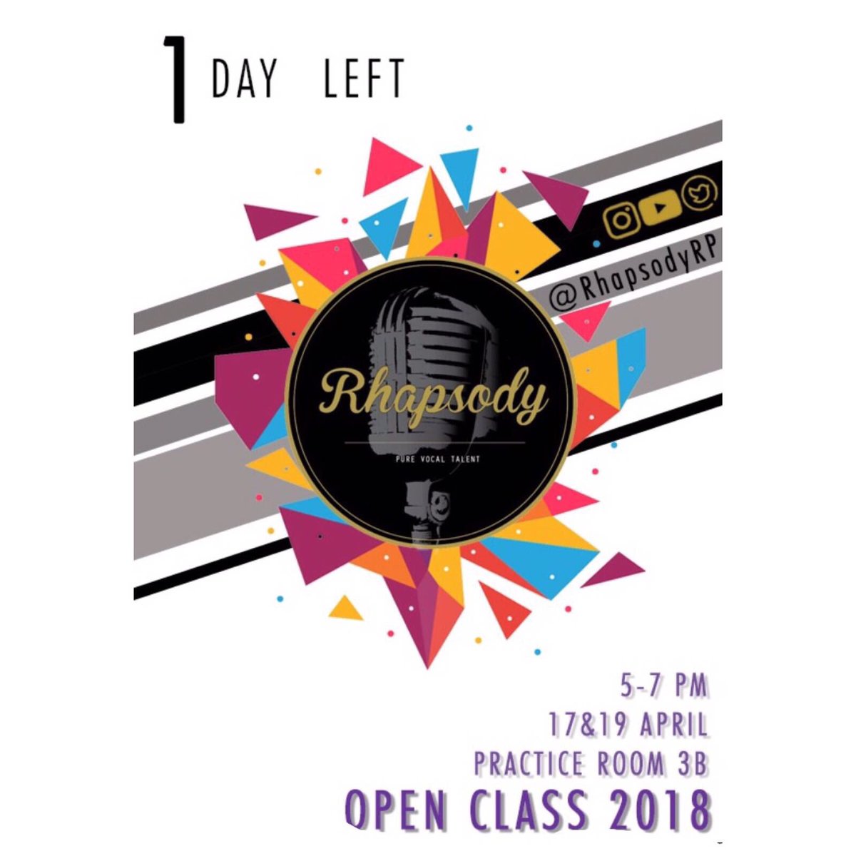 RhapsodyRP's tweet photo. Want a taste of A Cappella?? Come on down to our open class on 17 and 19 April from 5 - 7 pm at TRCC practice room 3B!! Have the feels of what it's like singing with us!! If you're lost, follow the arrows 😎 https://t.co/k1e0yPbWGF