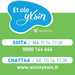 Et ole yksin -palvelu tarjoaa puhelimessa ja chatissa tukea, apua ja neuvontaa urheilua harrastaville nuorille, aikuisille, vanhemmille &amp; huoltajille. Väestöliitto  ja urheilujärjestöt pyrkivät yhdessä takaaman jokaiselle turvallisen urheiluharrastuksen. #etoleyksin