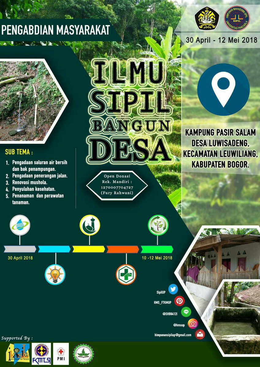 Himpunan Mahasiswa Sipil Universitas Pancasila
Pengabdian Masyarakat
" Ilmu Sipil Bangun Desa "  
Yang akan dilaksanakan :
📆 Tanggal : 30 April - 12 Mei 2018
📌 Lokasi : Desa Leuwisadeng, Kp. Pasir lama, Kab Bogor Jawa Barat klik kitabisa.com/pengmas2018sip…