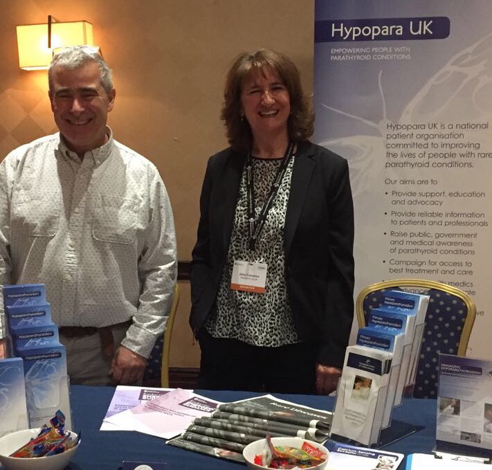 ParathyroidUK's tweet photo. Good morning to everyone @Soc_Endo #CU2018 /#ENU2018 from Jane and Steve @HypoparaUK. Come and say hello, order leaflets, see the first UK QoL survey results! #hypopara #hyperpara #casr https://t.co/GlJAxKURUC