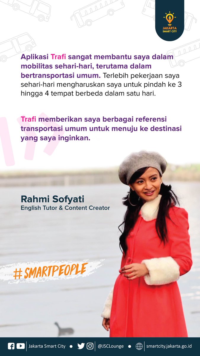 Saat ini menggunakan transportasi umum di Jakarta sudah lebih mudah dan praktis. Rahmi Sofyati merupakan salah satu warga Jakarta yang sudah merasakan kemudahan dalam mobilitas sehari-hari dengan bertransportasi umum lewat aplikasi Trafi.

#JakartaSmartCity #SmartPeople