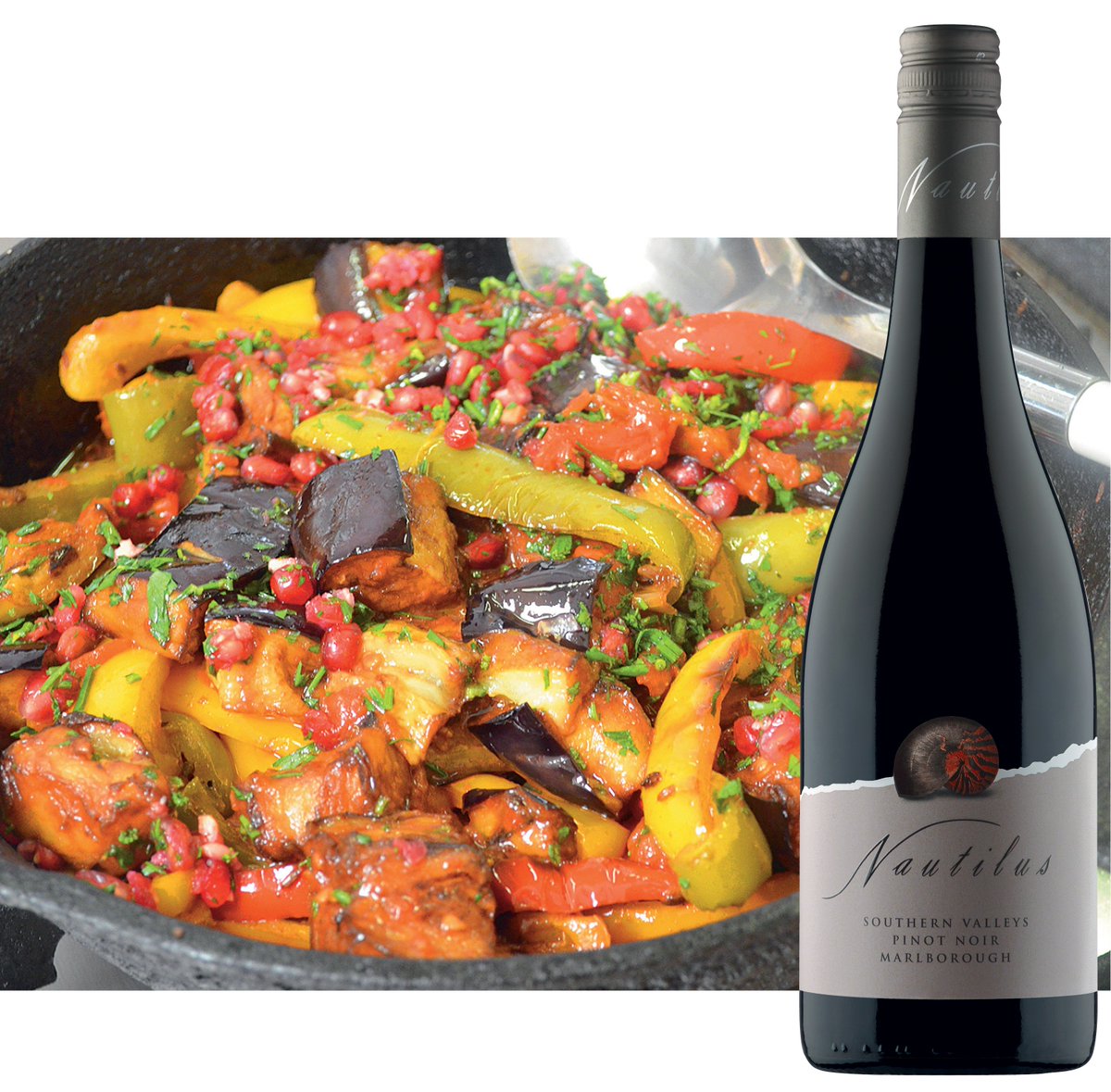 WineNZ_Magazine's tweet photo. Life can be full of happy moments, like having a glass (or bottle - we don't judge!) of this Nautilus Southern Valleys Pinot Noir 2014 paired with the sweet and sour character of this eggplant, capsicum, and pomegranate seeds. #WineNZMagazine #wineNZ #winepairing #wine #foodporn https://t.co/8EUvUxSp8g