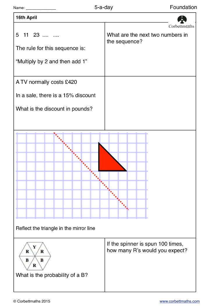 Corbettmaths's tweet photo. Studying for Foundation GCSE Maths? Try today's Foundation or the challenging Foundation Plus  #corbett5aday #maths5aday answers: https://t.co/0TUWL69rQe https://t.co/RfdcZbNpjS