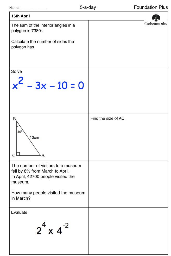 Corbettmaths's tweet photo. Studying for Foundation GCSE Maths? Try today's Foundation or the challenging Foundation Plus  #corbett5aday #maths5aday answers: https://t.co/0TUWL69rQe https://t.co/RfdcZbNpjS