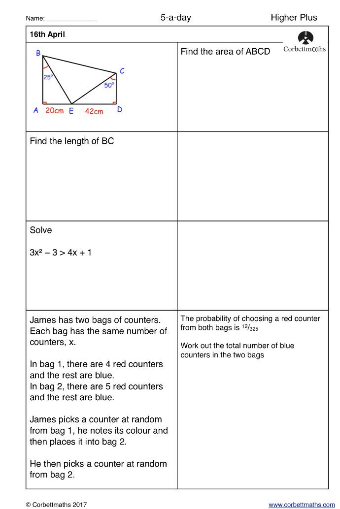 Corbettmaths's tweet photo. Studying for Higher GCSE Maths? Try today's Foundation Plus, Higher &amp; challenging Higher Plus #corbett5aday #maths5aday answers: https://t.co/0TUWL69rQe https://t.co/bBd5kk9YUi