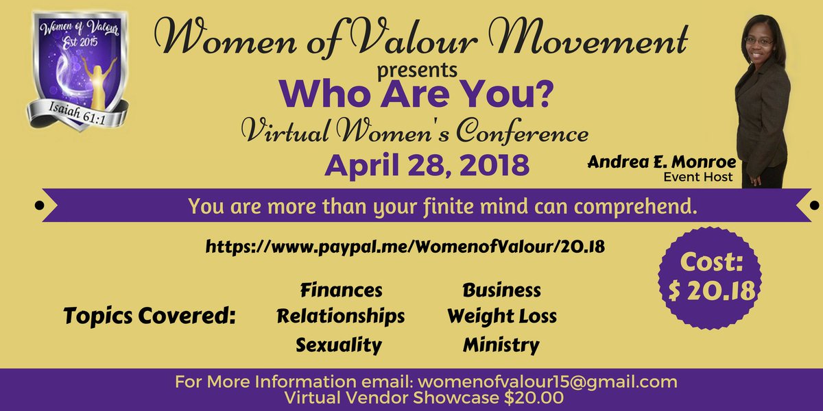 Dreaemonroe15's tweet photo. Who are you Promo https://t.co/uTUKJNPyPB via @YouTube
Who Are You Virtual Women's Conference #WOVVirtualConference
Register and Come Join us https://t.co/MApJQkqpQ7 https://t.co/slJ5hcptRe