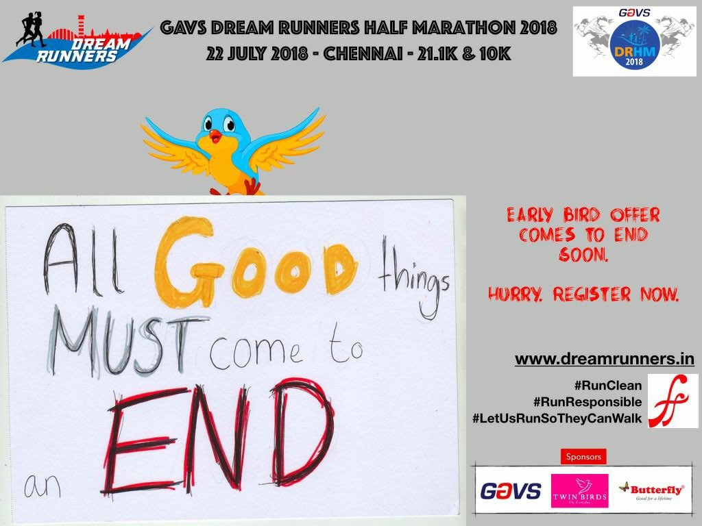 DRHM_Chennai's tweet photo. Early Bird Offer awaits you! 
Register now for every Runners' Favourite Event!! 
Event Date: 22 July, Sunday
Categories: 21.1k, 10k
Venue: Chennai
https://t.co/rFbG5TehAx
#LetUsRUNsotheycanWALK
#RunResponsible
#RunClean
#DreamRunners 
#FreedomTrust 
#GAVS
#TwinBirds 
#Butterfly https://t.co/HURqEAASuD