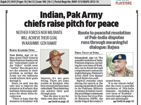 bukharishujaat's tweet photo. Army Chiefs of #India and #Pakistan are on same page pitching for dialogue. Will the governments in both countries listen to them and move forward to end bloodshed in #JammuAndKashmir 
https://t.co/dJeIeoPxL3 https://t.co/RiQnEoQjzN