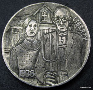 #WorldArtDay #WorldArtDay2018 Grant Woods best known work 1930 #AmericanGothic #carved on a #HoboNickel by #ShaunHughes @Shaun_Hughes_ @5haun750