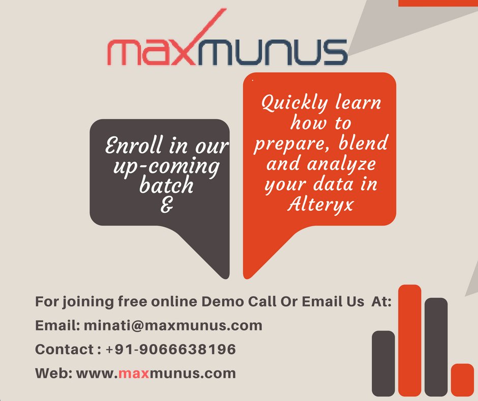 maxmunusM's tweet photo. #MaxMunus solutions offer #Alteryx Analytics gives analysts with the capacity to without difficulty prep, combination and examine all of their records using a repeatable workflow.
#BusinessAnalytics #Tableau #Dataanalytics #Datascience #linux #Tableaudeveloper https://t.co/YpYWyg2vsr