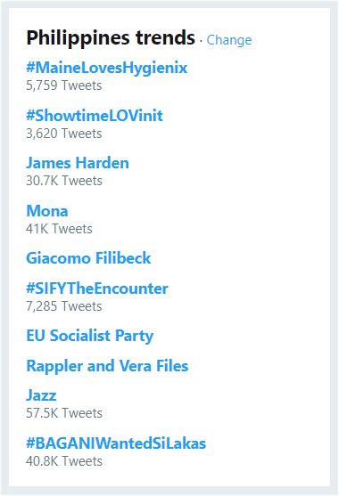TOP SPOT, Philippines Trends 💛

#MaineLovesHygienix

Salamat po!
<a href="/mainedcm/">Maine Mendoza</a> <a href="/SmashDiv/">Divina Ursula Smash</a>
<a href="/SMU_OFC/">SOLID MAINE UNITED</a> <a href="/HalamansOfMaine/">Halamans Of Maine 🌿</a> <a href="/hygienix_ph/">Hygienix Philippines</a>
<a href="/ramsdavid/">Rams David</a> <a href="/EatBulaga/">Eat Bulaga!</a> <a href="/MBUycoco/">Michael B. Uycoco</a>